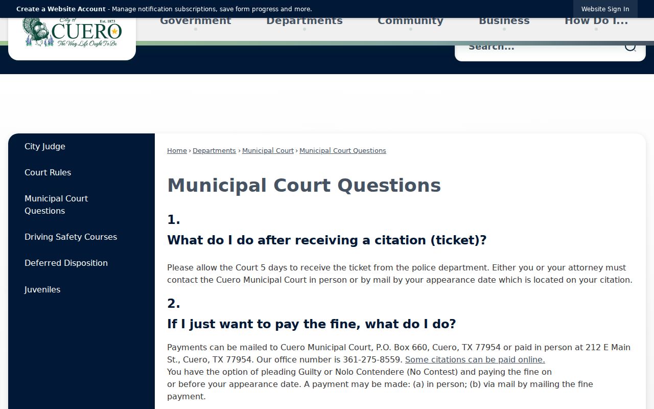 Cuero Municipal Court question page with citation, FTA, and payment guidance