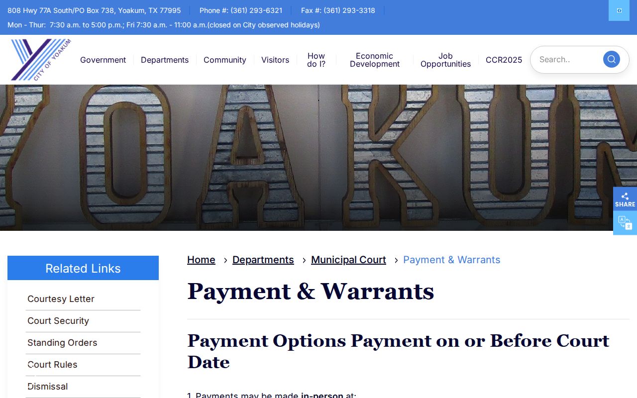 Yoakum Municipal Court payment and warrant instructions