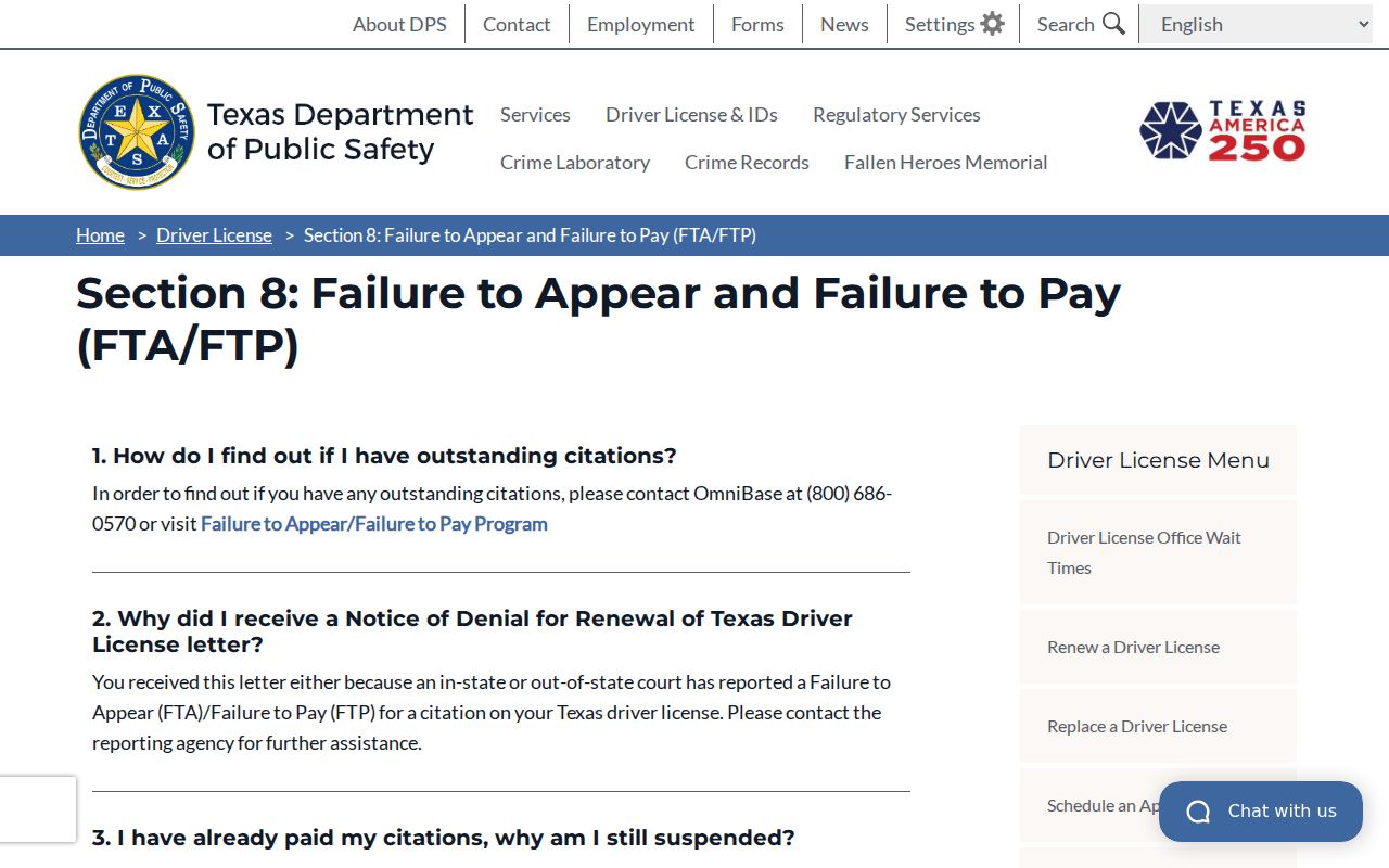Texas DPS guidance on failure-to-appear clearing time and warrant-search limitations
