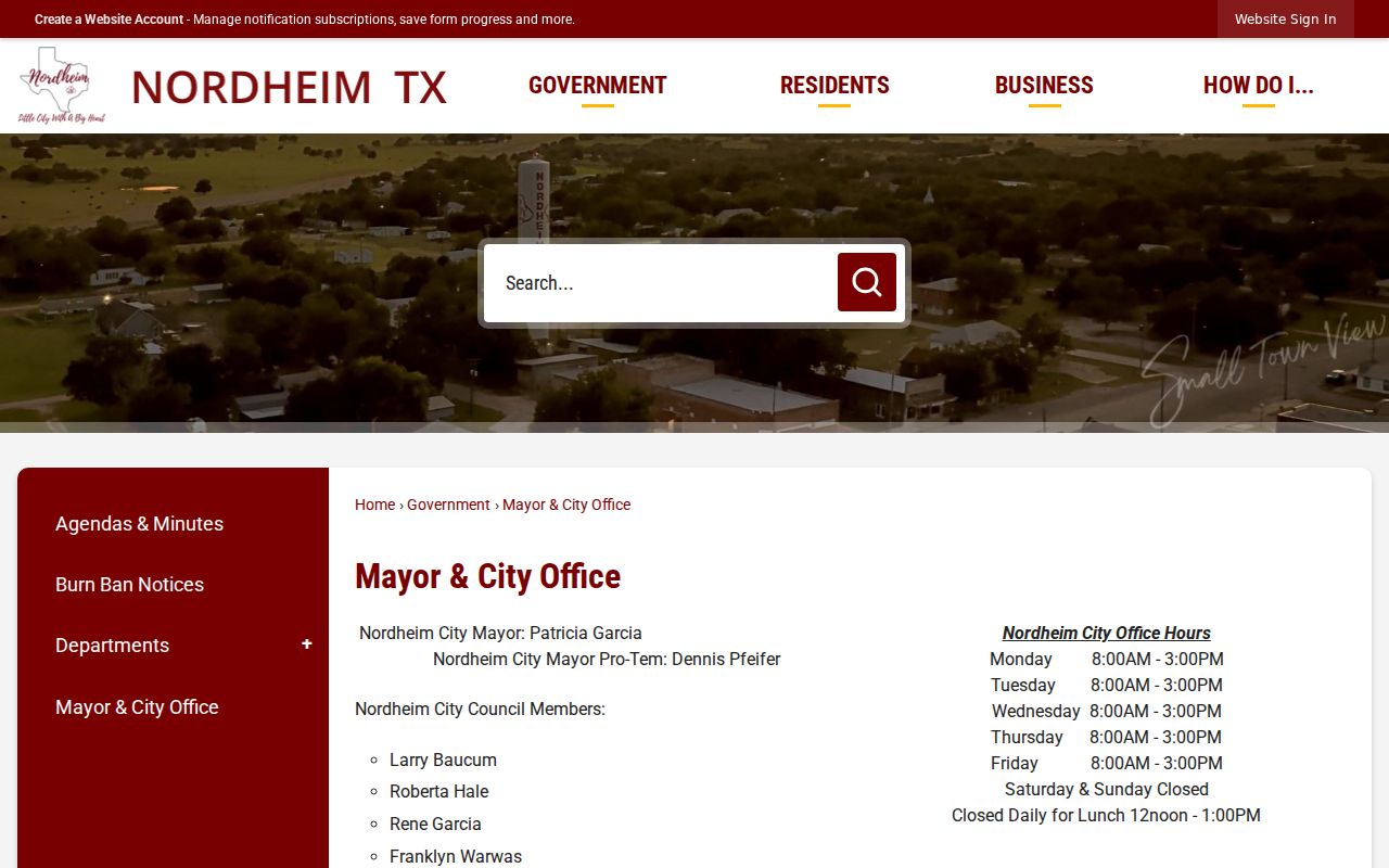 Nordheim city office page with clerk contact details