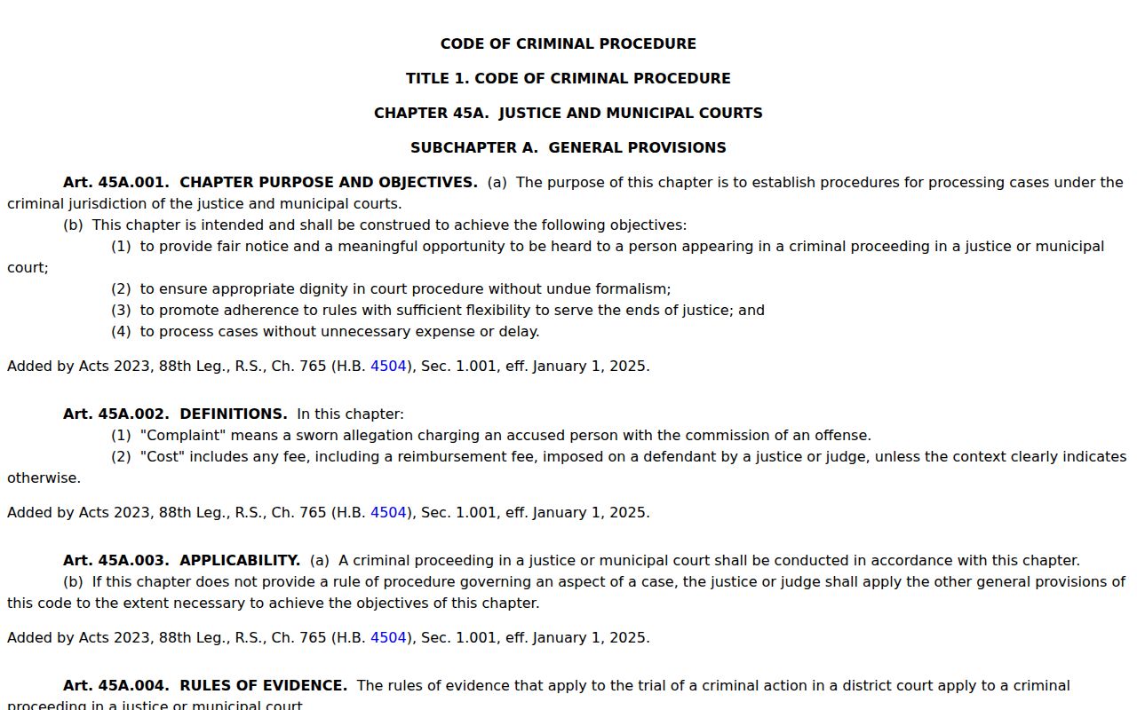 Texas Code of Criminal Procedure Chapter 45A provisions for justice and municipal warrants