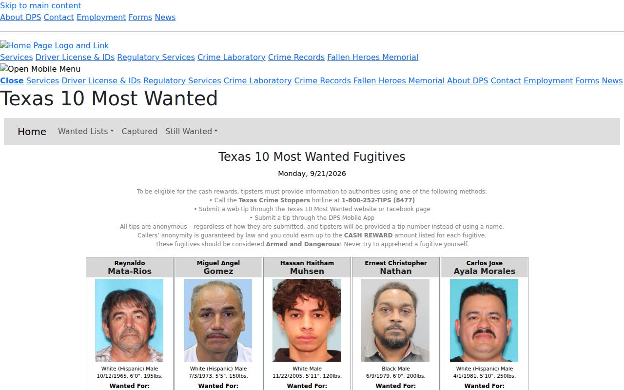Texas DPS statewide Most Wanted program and tip guidance