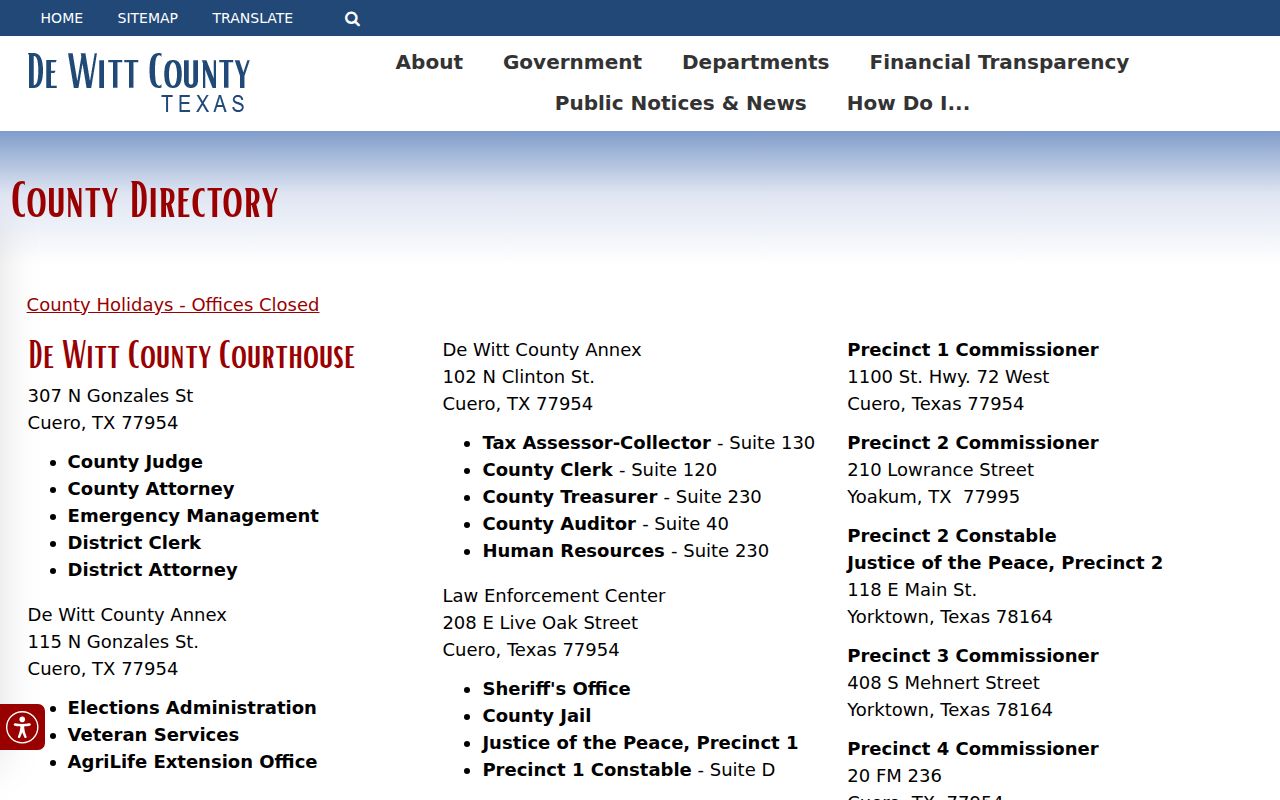DeWitt County directory showing the Law Enforcement Center and separate county offices