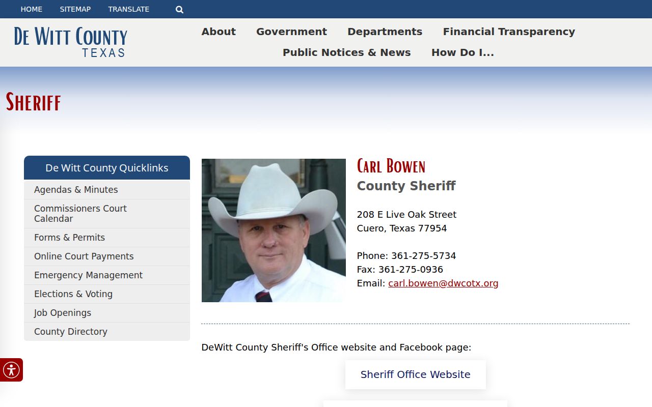 DeWitt County Sheriff contact page and fee schedule
